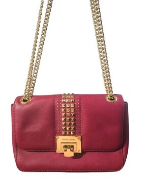 Michael Kors Pink-Red Leather Chain Shoulder Bag with Gold Studs